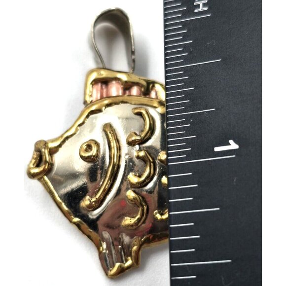 SJ Taxco Copper Angel Fish Necklace Pendant Tri Tone Metal Mexico 1.25" x 1.50" - Picture 3 of 5